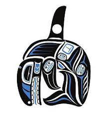 sailing totem logo is a totem of animals and faces that are shaped in a whale arching around with its fin in the air