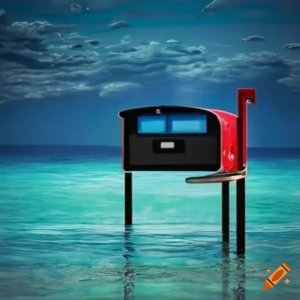 AI generated image showing a red mailbox on stilts in a turquoise ocean with a blue sky dotted with a few clouds