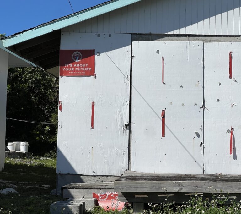 the left half of a white building with 2 closed doors in the middle and a sloping roof. a red sign with white lettering on the side of the building says "it's about your future"