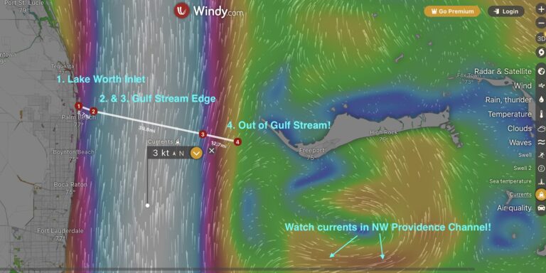 A screenshot of a map from windy showing the current in grey between the east coast of florida and the bahamas. There are annotations showing the distances across the gulf stream, 3-4mi from florida to the west edge, 38mi across, 3-4mi to the bahamas edge of the stream.