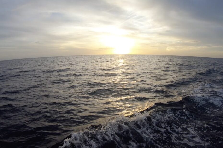 golden sun glows on the horizon over a dark blue body of water (the ocean) with white wisps of clouds in the sky
