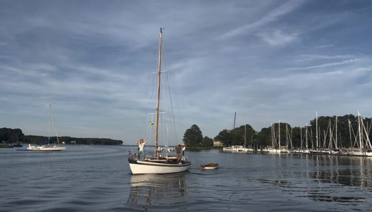 A classic wooden sailboat with a dinghy in tow motors slowly into a calm marina, with forested shores and masts of docked sailboats in the background under a blue sky.